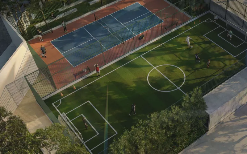 Purva Heritage: Aerial view of the futsal and tennis court