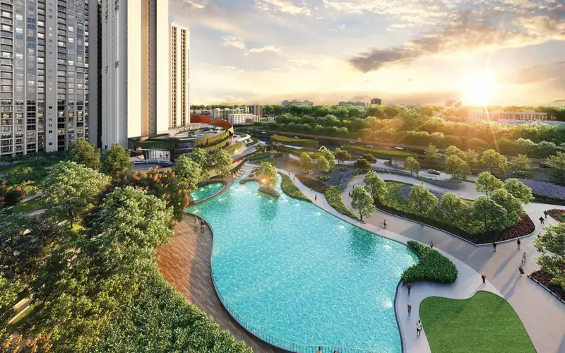 Purva Northern Lights: Free-form pool at sunset